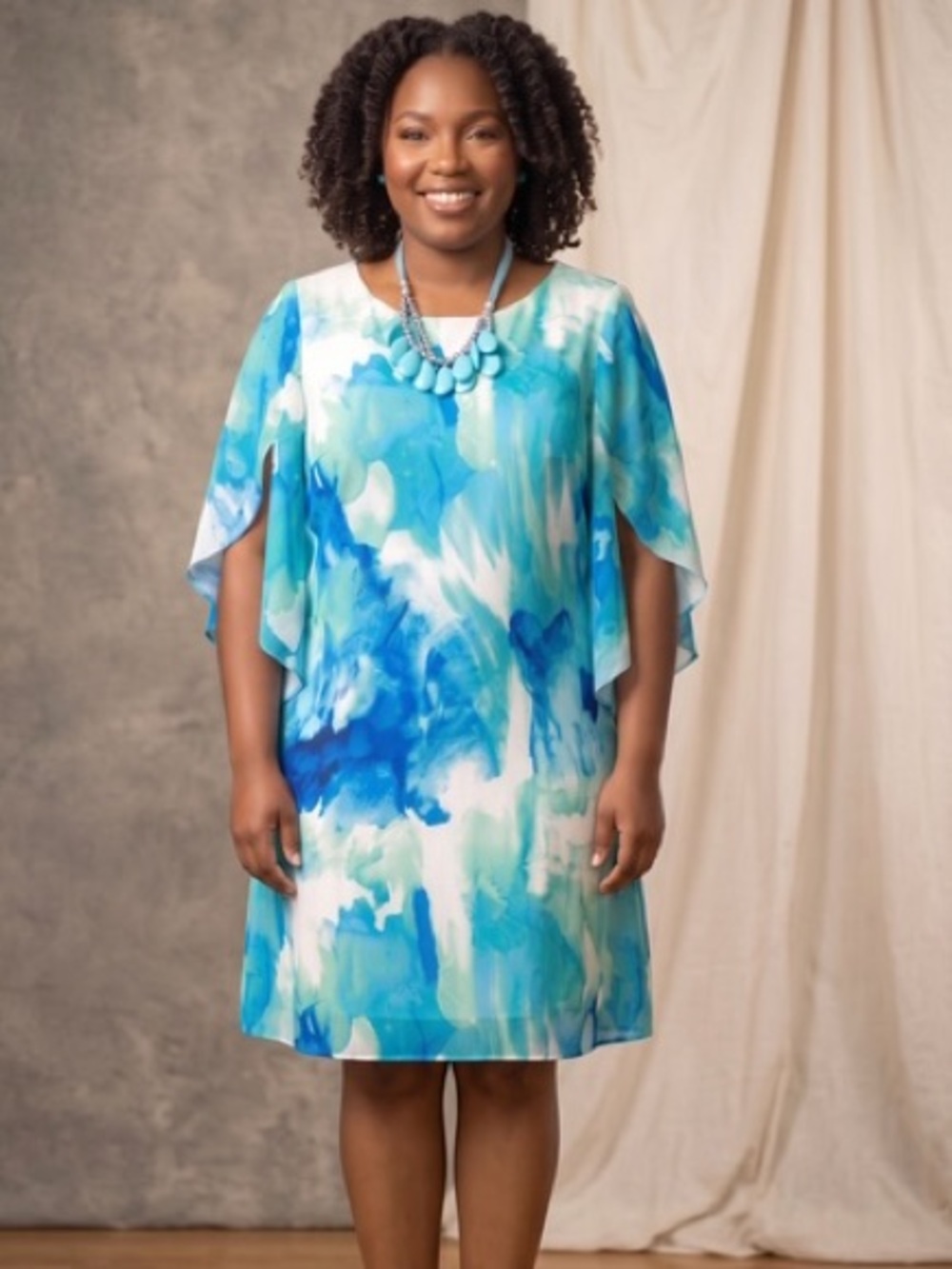 Aqua Watercolor Cape-Sleeve Kids Formal Dress